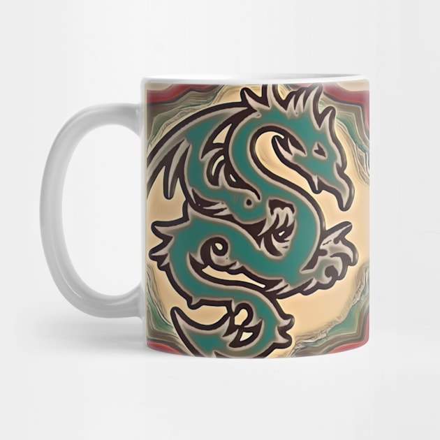 Burgundy, green, and cream abstract print with dragon graphic by BJG Abstract Arts 